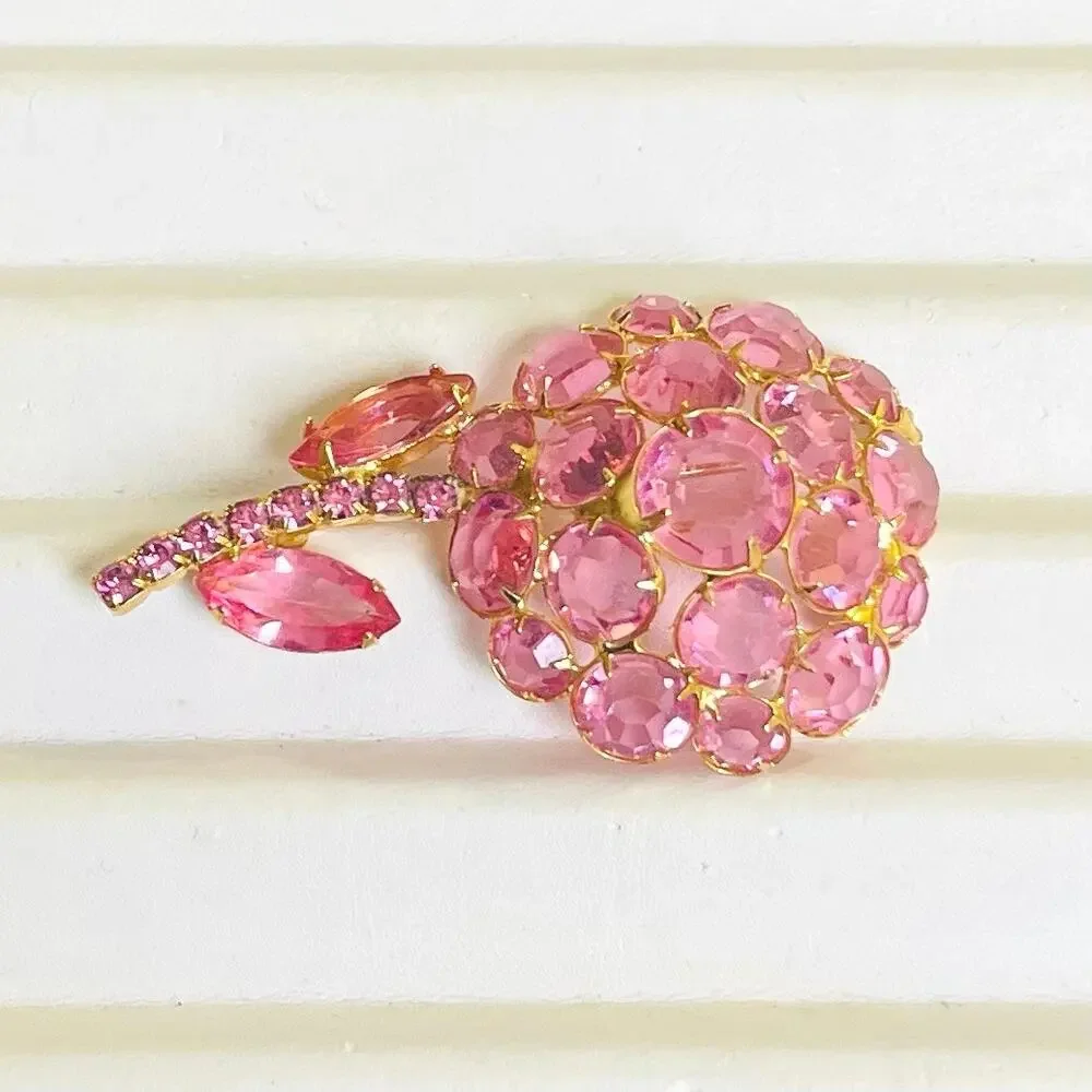 Vtg 60s Juliana DeLizza Elster Pink Rhinestone Flower Brooch Pin Original Box